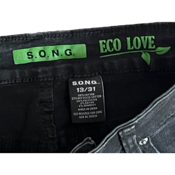 S.O.N.G. Eco Love Jeans Distressed Mushroom Patch Skinny Jeans Sz 13 Juniors Bla - Picture 4 of 12